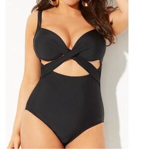Swimsuits For All Plus Size Black Cut Out Underwire One Piece Swimsuit Size 20